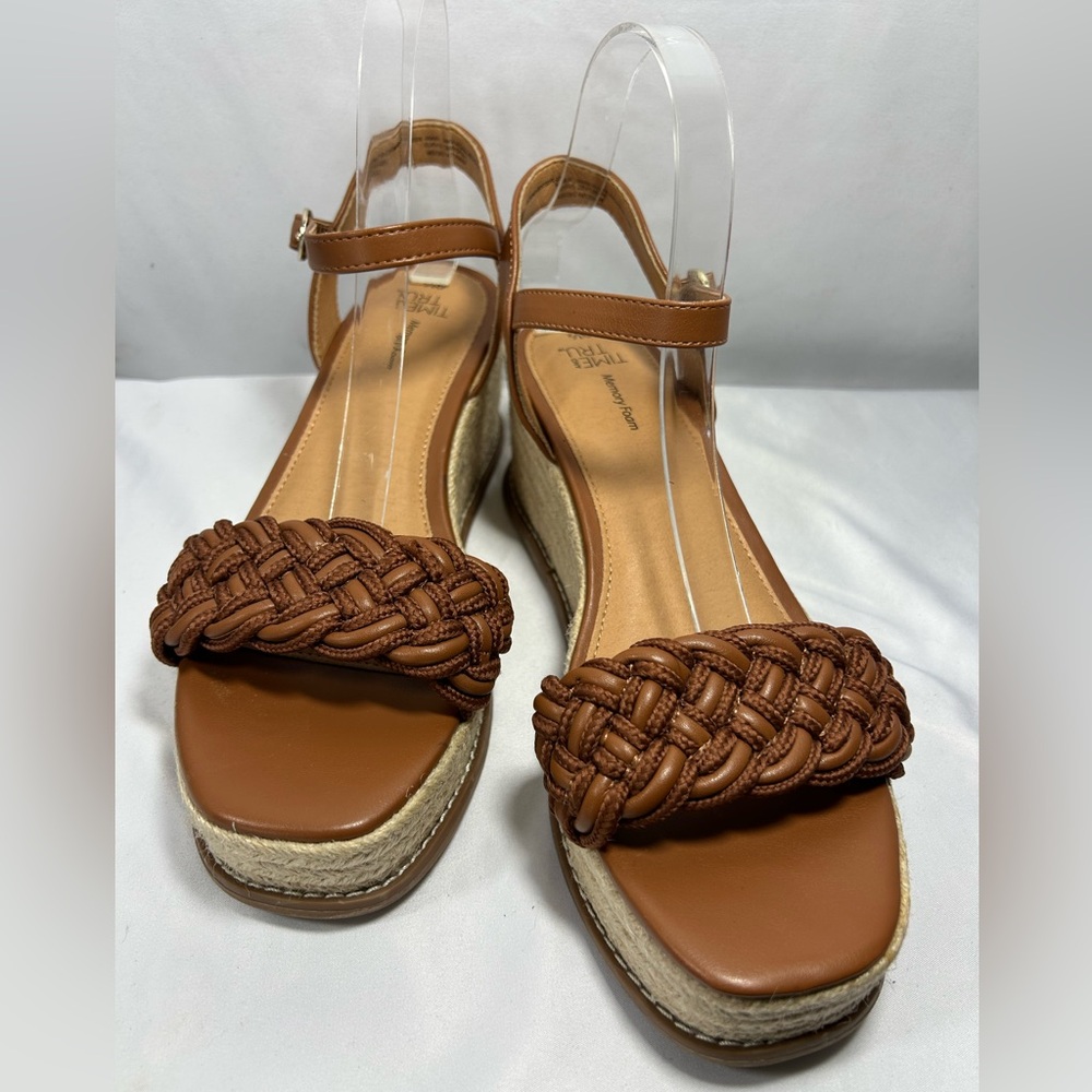 Time and Tru Women's Braided Mid-Heel Wedge Boho Sandals Size 9.5 Brown